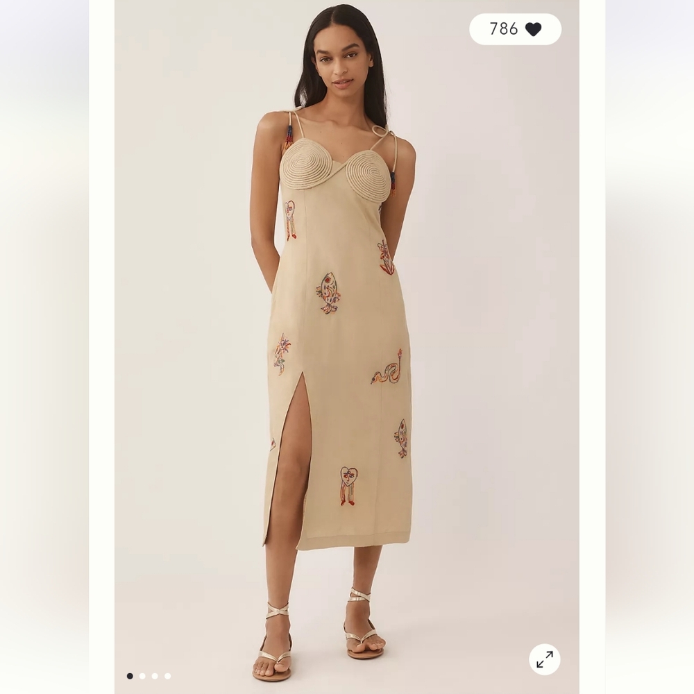 FARM Rio Beige Midi Slip Dress with Embroidered Motifs